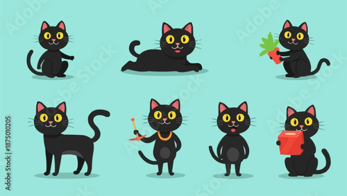 Collection of cute cartoon black cats in various poses and activities.