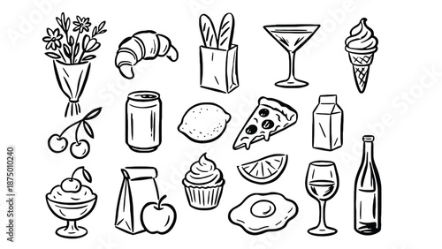 A collection of various food and drink items in a simple line drawing style