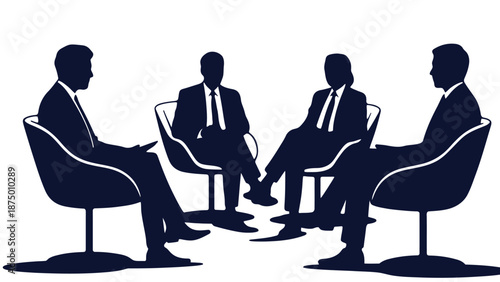Four businessmen in suits sitting in chairs having a meeting discussion