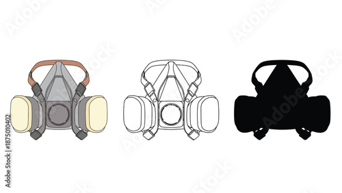 A set of three different colored gas masks on a white background