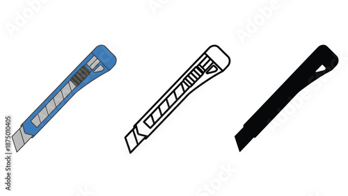 Three utility knives with different colored handles on a white background