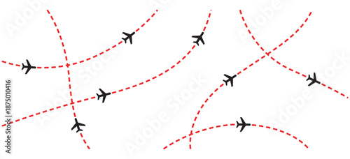 airplanes flying on various routes with dashed red lines