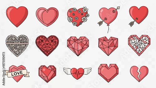 Collection of Diverse Heart Illustrations for Valentines Day.