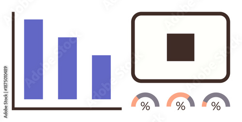 Business management, analytics, data visualization, performance tracking, statistical analysis, digital reports. Bar chart, percentage arcs and a central square element. Business analytics and data