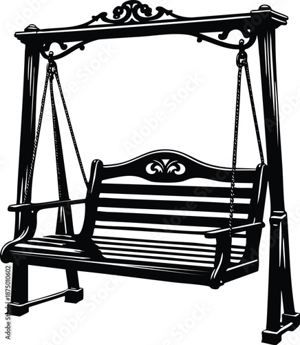 Ornate black garden swing bench classic outdoor furniture illustration for relaxation and leisure isolated on white background