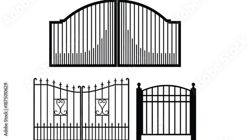A set of decorative iron gates and fences on a white background
