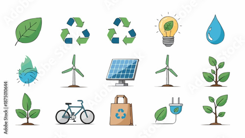Collection of eco friendly symbols and icons for sustainability.