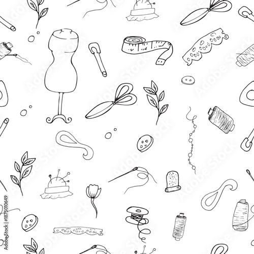 Hand drawn sewing seamless pattern with tailoring tools