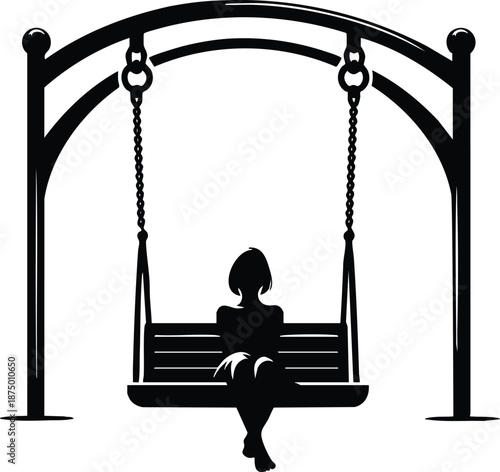 Silhouette of a woman sitting on a park swing under an arch vector illustration representing contemplation and leisure isolated on white background