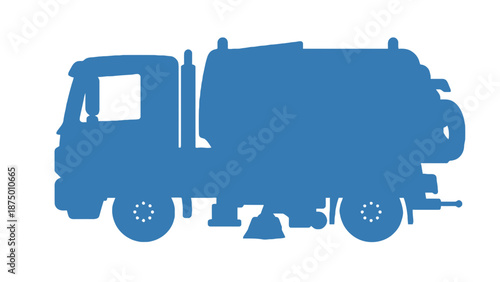 A blue silhouette of a garbage truck on a white background