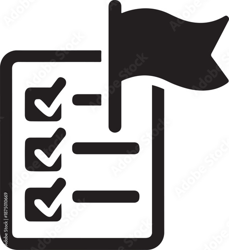 Silhouette project delivery icon with flag and checklist for completion, milestones, and task tracking.