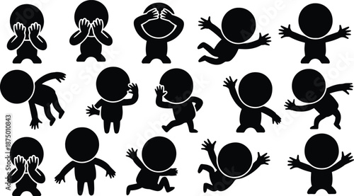 Playful Human Silhouette Surprised Pose Bundle, Flat Vector People Icons for Shock, Reaction, Emotion Expression and Unexpected Moment Illustration.