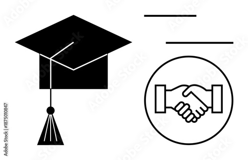 Education concept. Graduation cap and handshake symbol education, academic success, and collaboration. Education fosters teamwork, career achievements, growth, and partnerships. For learning