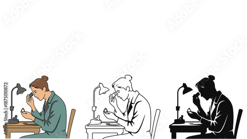 A woman examines a small object under a desk lamp in different styles