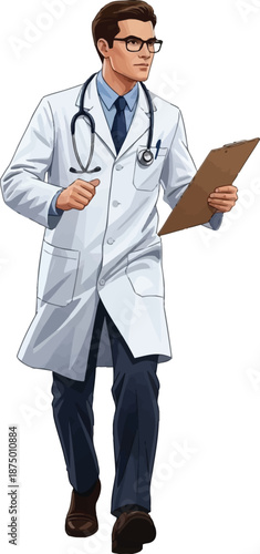 Confident young male doctor wearing glasses lab coat and stethoscope holding clipboard isolated on transparent background