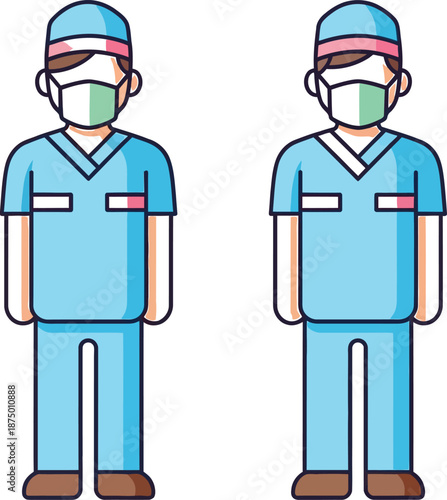 Two cartoon medical workers isolated on transparent background wearing masks gloves and scrubs for health care