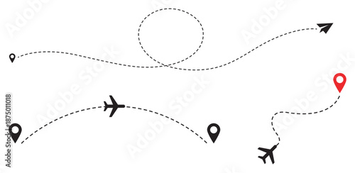 Airplane routes and location markers on a map background