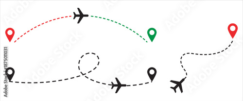 Airplane routes and location markers on a map background
