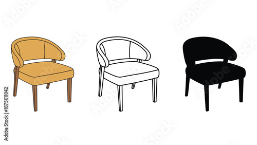 Three different colored chair designs on a white background