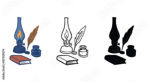 An illustration of vintage writing tools and books in different colors
