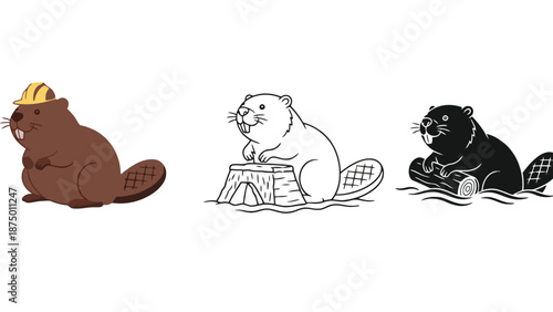 Three cartoon beavers in different colors and poses with a log