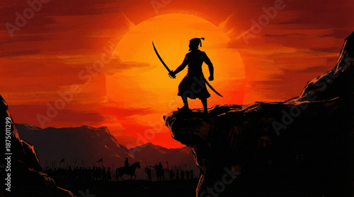 Chhatrapati Shivaji Maharaj Silhouette Standing on Cliff Edge at Sunset