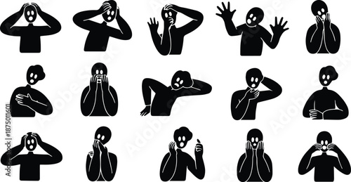 Playful Human Silhouette Excited Jumping Pose Bundle, Flat Vector People Icons for Happiness, Celebration, Energy and Positive Emotion Illustration