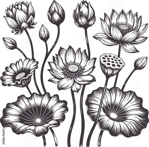 Detailed of blooming lotus flowers and seed pods
