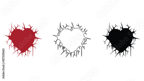 Three cracked heart symbols in red, white, and black, representing heartbreak and emotional pain.