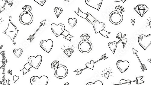 Hand Drawn Valentines Day Symbols Seamless Pattern.