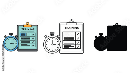 A collection of stopwatch and clipboard icons for training and productivity