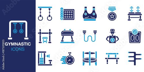 Gymnastic Icon set. Containing acrobatics, routine, performance, floor, vault, beam and more. Solid vector icons collection. Vector illustration.