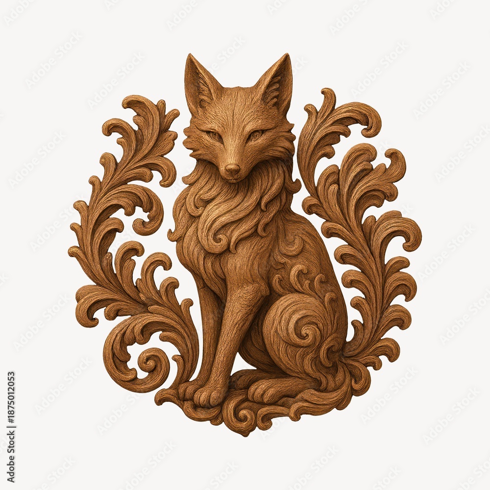 Obraz premium Intricate wooden fox carving design.