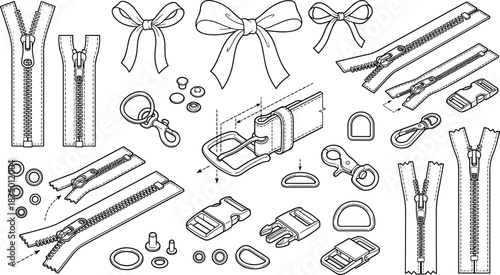 Technical fashion hardware illustration featuring zippers buckles bows rings and rivets in clean black and white line art for garment design