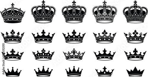 Royal crown silhouette vector collection with king and queen ornate heraldic designs luxury black icons isolated