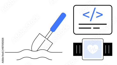 Innovation, software development, wearable tech, digital health, construction, future technologies. Shovel in soil, coding tag smartwatch with heart symbol. Software development and wearable tech