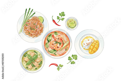 watercolor thai menu set cuisine