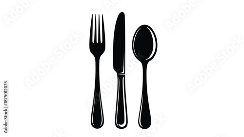 Classic black silhouette icon set of cutlery including a fork, knife, and spoon arranged neatly on a white background.