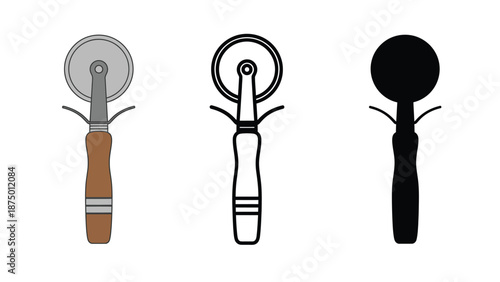 Three different colored pizza cutters on a white background illustration