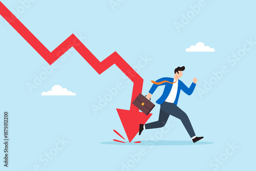 Flat illustration of businessman running away from falling red arrow symbolizing financial crisis market downturn economic decline business loss and investment risk