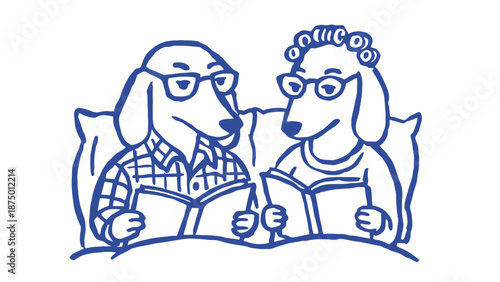 Two dogs sitting on a couch reading books together at home