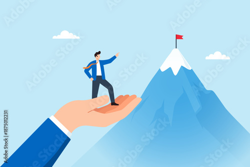 Flat illustration of businessman standing on giant helping hand reaching mountain peak with flag symbolizing support guidance mentorship leadership trust and achieving business goals
