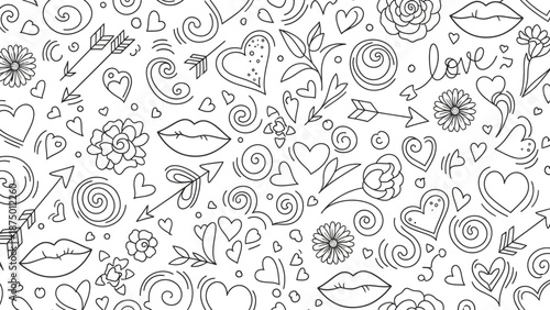 Seamless pattern with hand-drawn love and romance doodles.