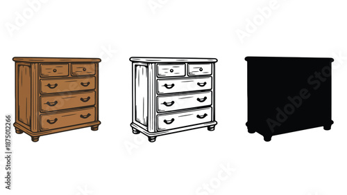 Three different colored dressers side by side on a white background