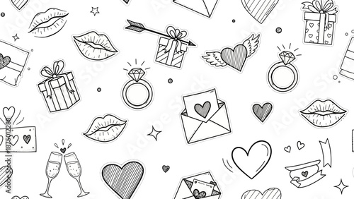 Valentines Day Doodle Pattern with Hearts and Kisses.