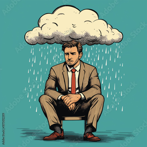 sad businessman sitting with a rain cloud above his head, symbolizing stress, depression, or burnout