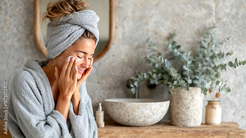 A young woman applying skincare, highlighting beauty rituals, self-care, and a clean, modern lifestyle moment at home.