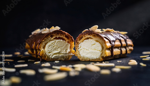 Chocolate glazed eclair halves with cream filling and almonds.