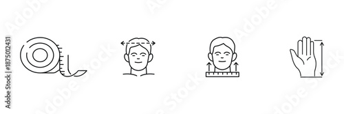 Body measurement, head size, hand length, biometric scale, dimension guide, fit reference, tool icon set, vector illustration.