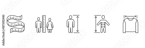 Body measurement, height scale, chest width, waist circumference, hip guide, shirt fit, tape tool, vector illustration icon set.